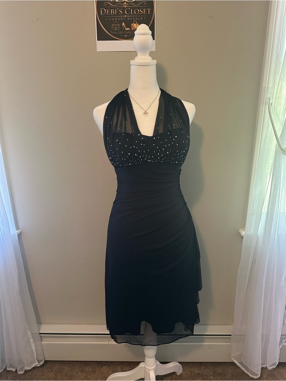Elegant navy blue Halter Cocktail Dress with Beaded Detail